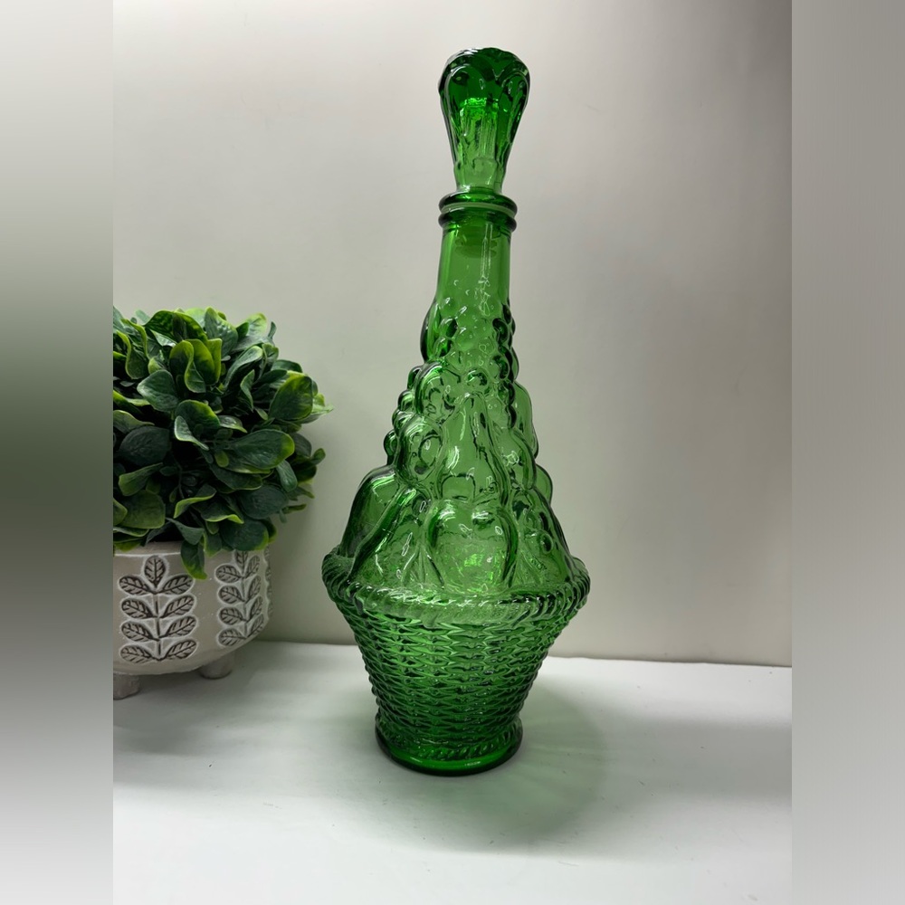 Italian Empoli Green Glass Decanter Tall Fruit Basket Pattern Stopper Included
